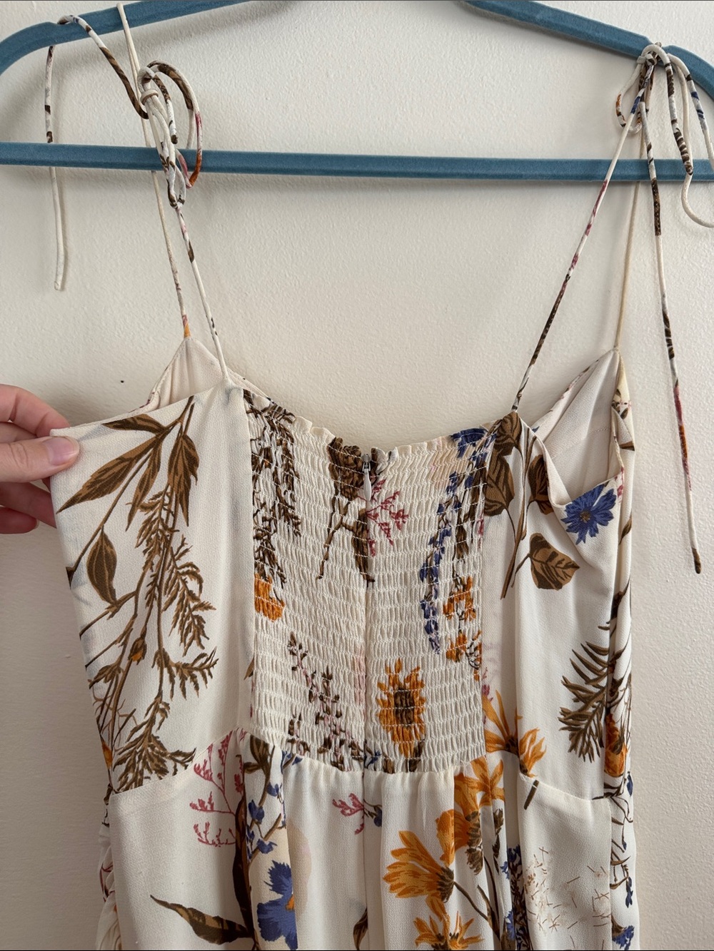 Reformation Floral Tie-Shoulder Maxi Dress in Cream with Mustard & Blue - Picture 5 of 12